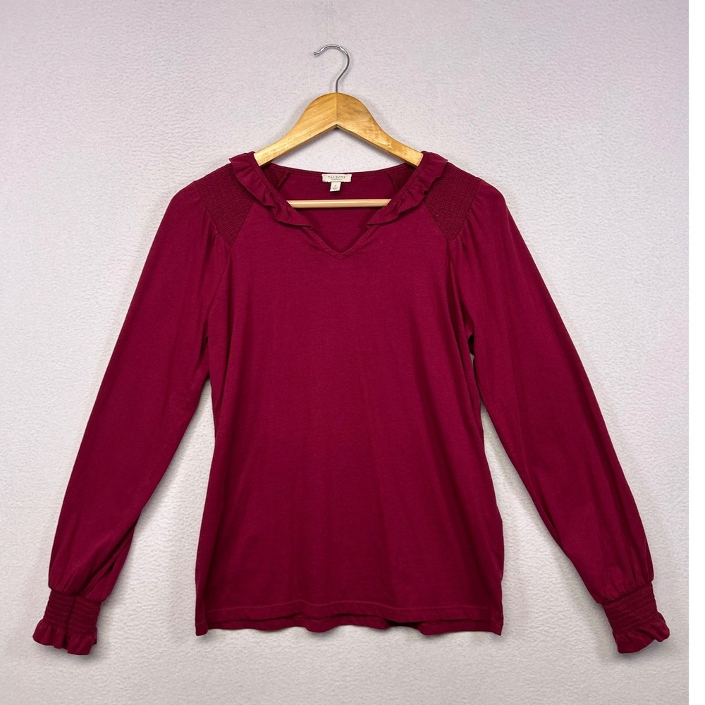 Preppy Classic Talbots Womens P Burgundy Ruffle Neck Smock Shoulder Top